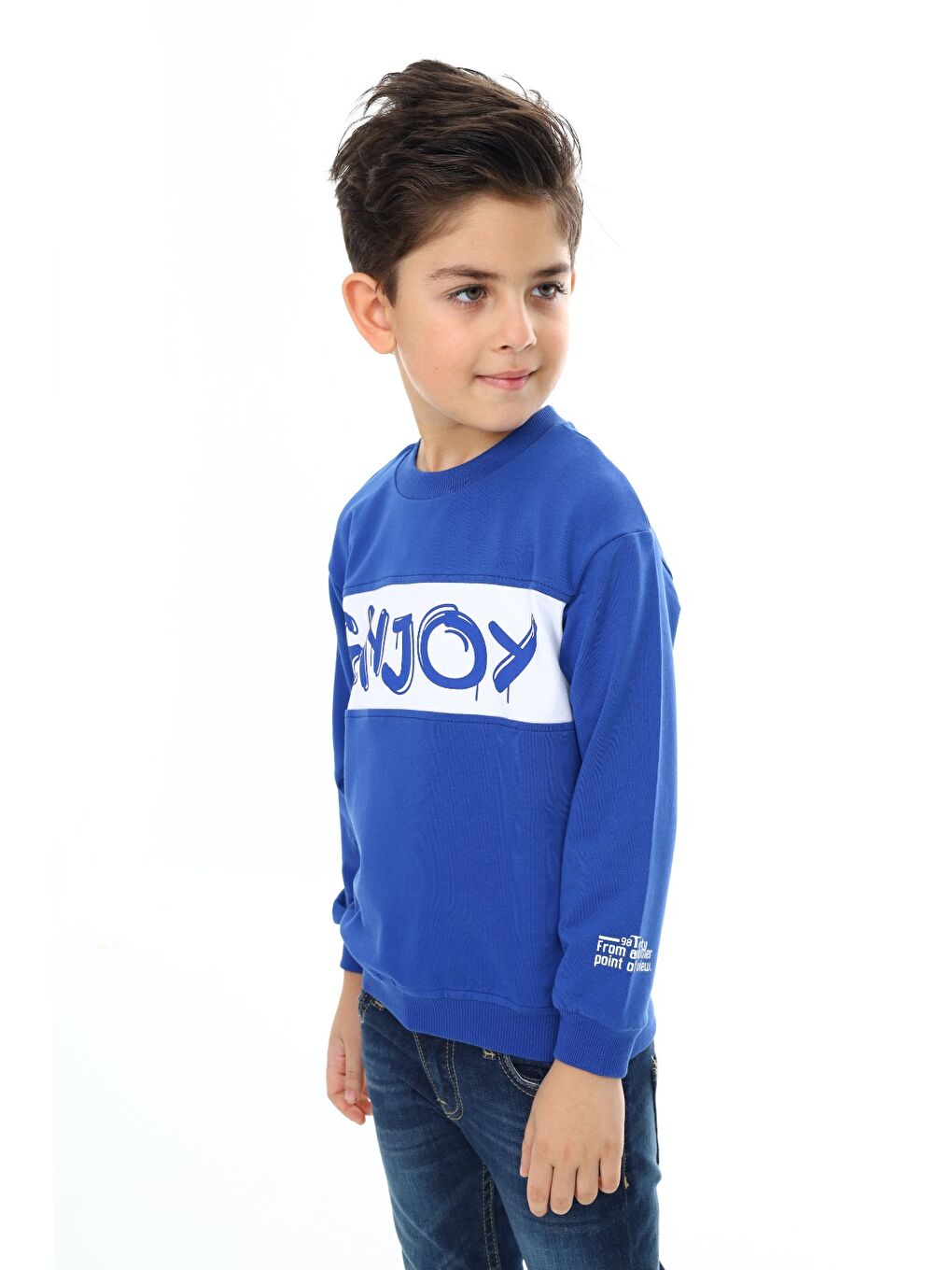 Mavi Erkek Çocuk Relax Fit Bisiklet Yaka Düşük Omuz Baskılı Sweatshirt-1