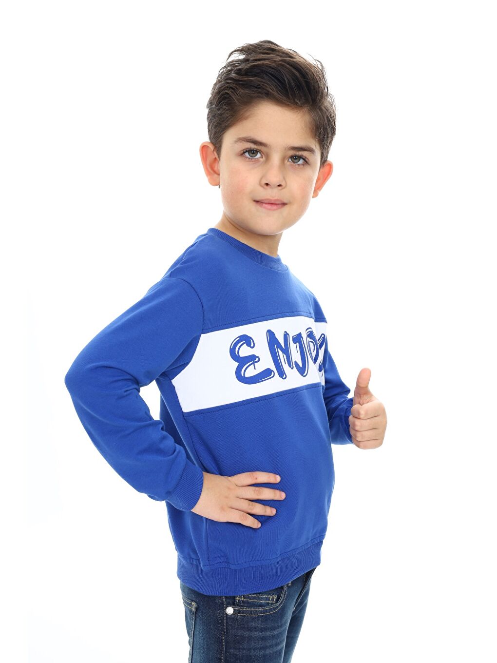 Mavi Erkek Çocuk Relax Fit Bisiklet Yaka Düşük Omuz Baskılı Sweatshirt-2