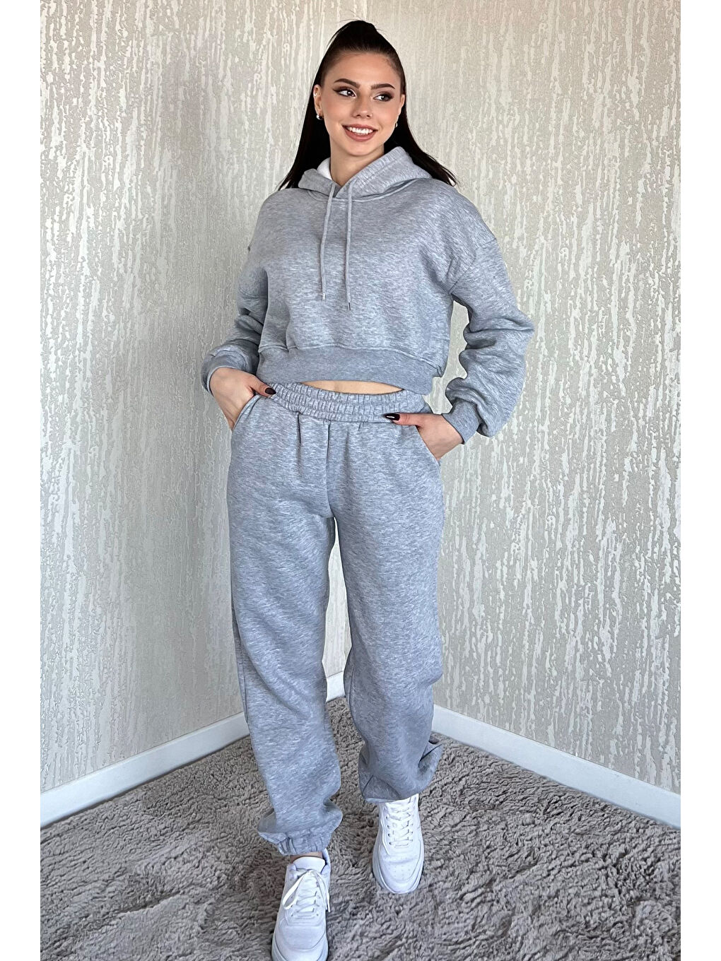 Gri Kadın Kapüşonlu Üç İplik Şardonlu Eşofman Takımı-1