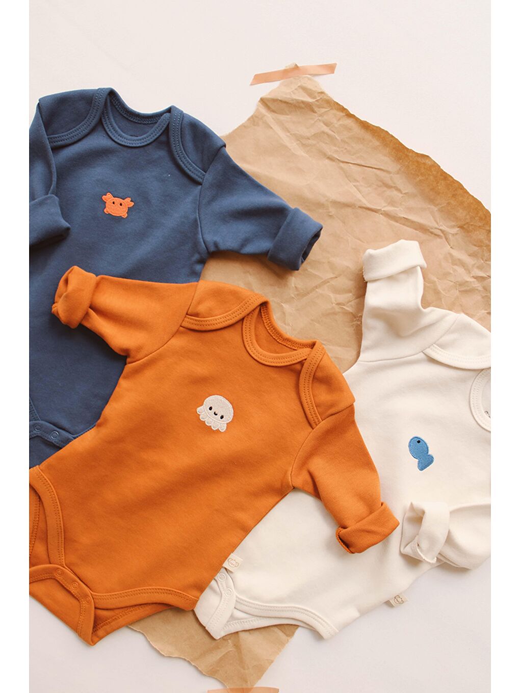 Kahverengi 3Lü Nakışlı Çıt Çıtlı Uzun Kollu Body Zıbın Set Model 4-7