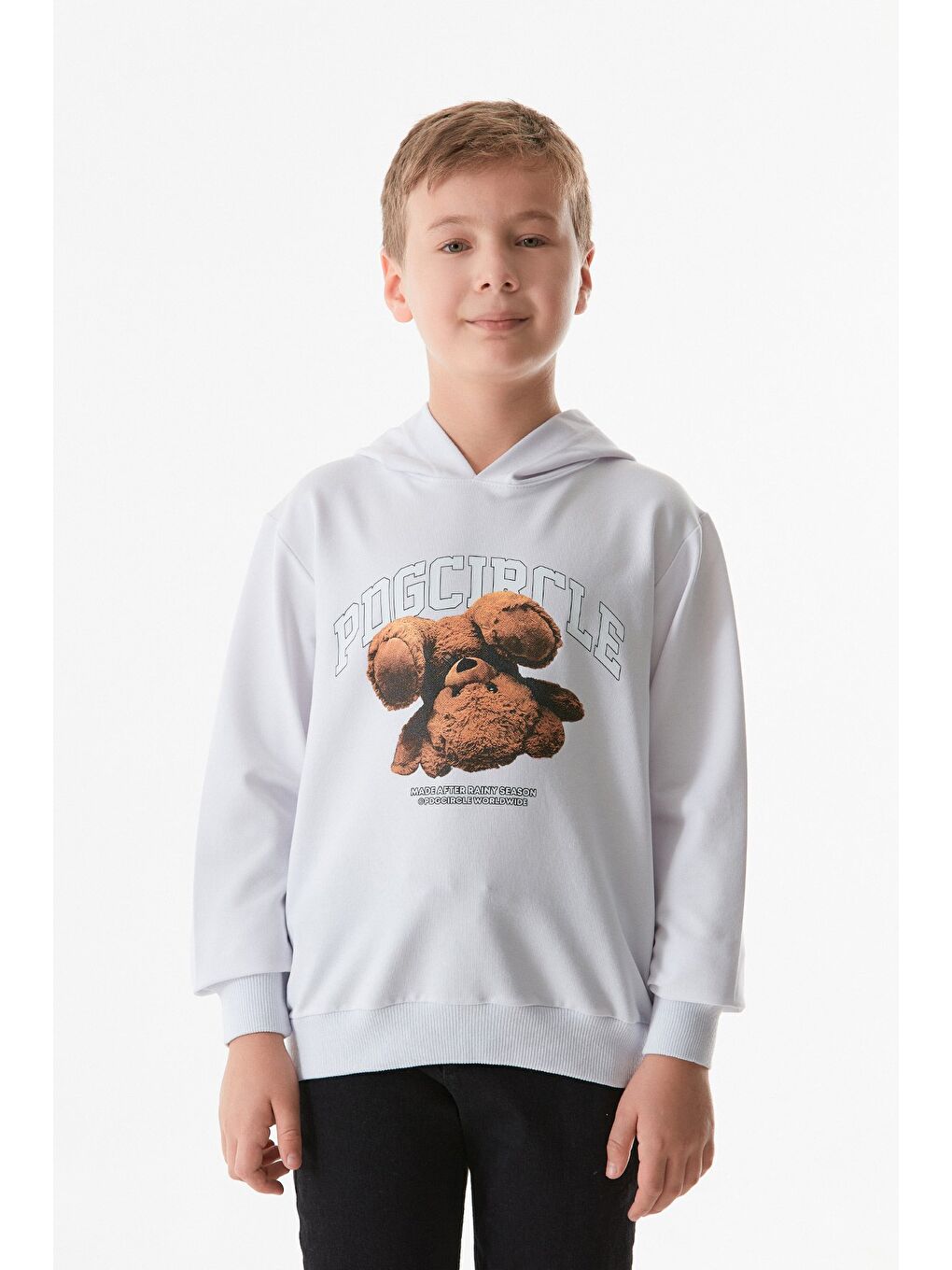 Fullamoda Beyaz Ayıcık Baskılı Bisiklet Yaka Sweatshirt