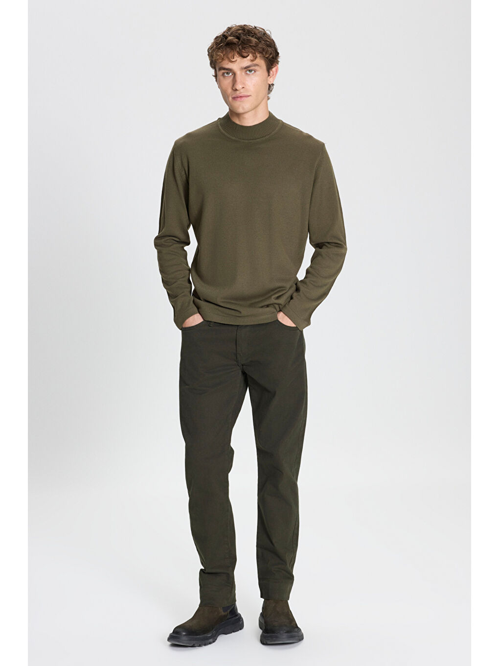 Erkek Haki Tüylenme Yapmayan Anti-Pilling Standart Fit Yarım Balıkçı Yaka Triko Kazak-1