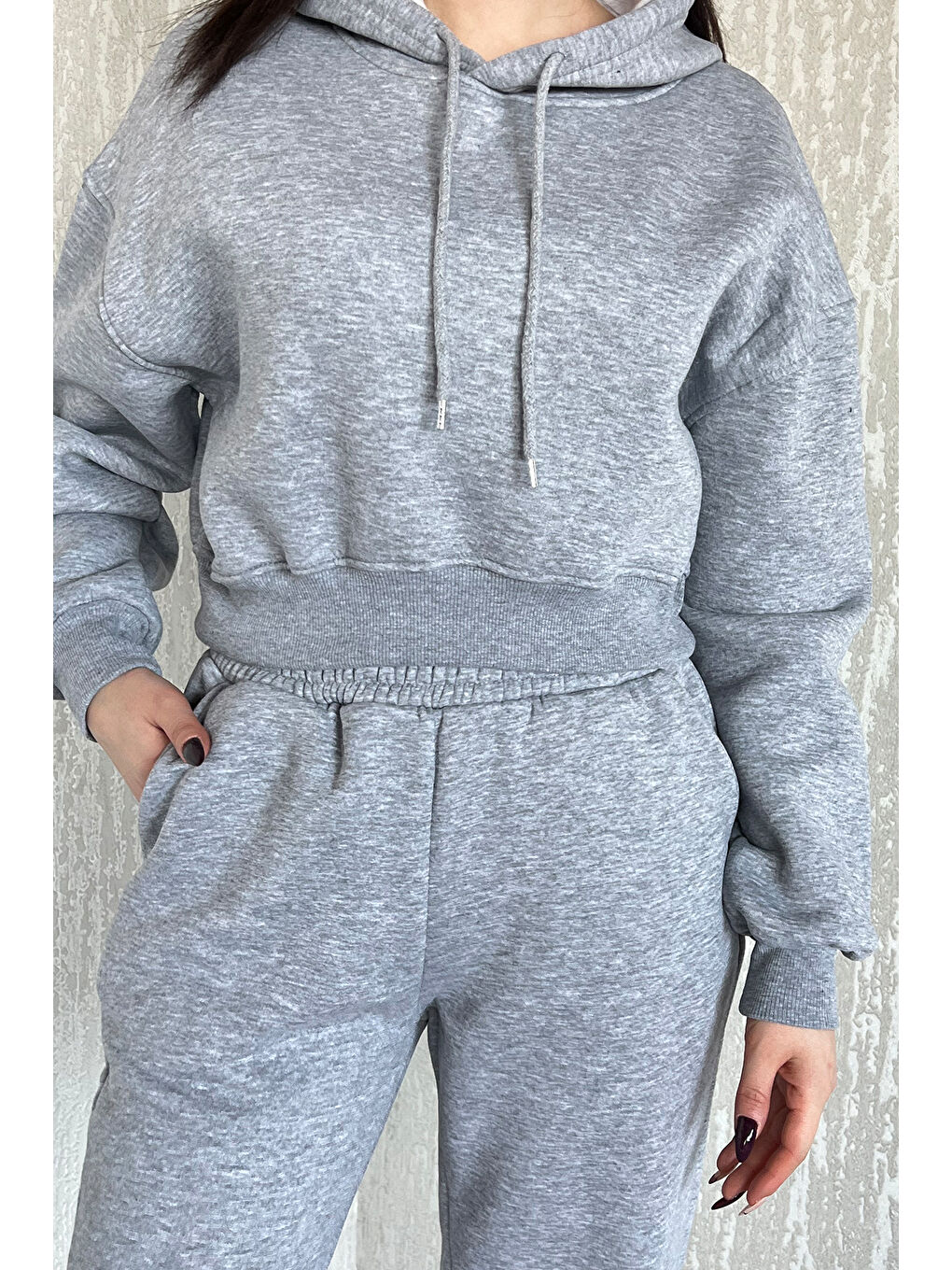 Gri Kadın Kapüşonlu Üç İplik Şardonlu Eşofman Takımı-2
