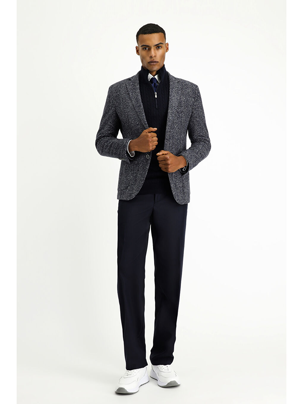 Lacivert Slim Fit Dar Kesim Yünlü Balıksırtı Spor İtalyan Ceket-1