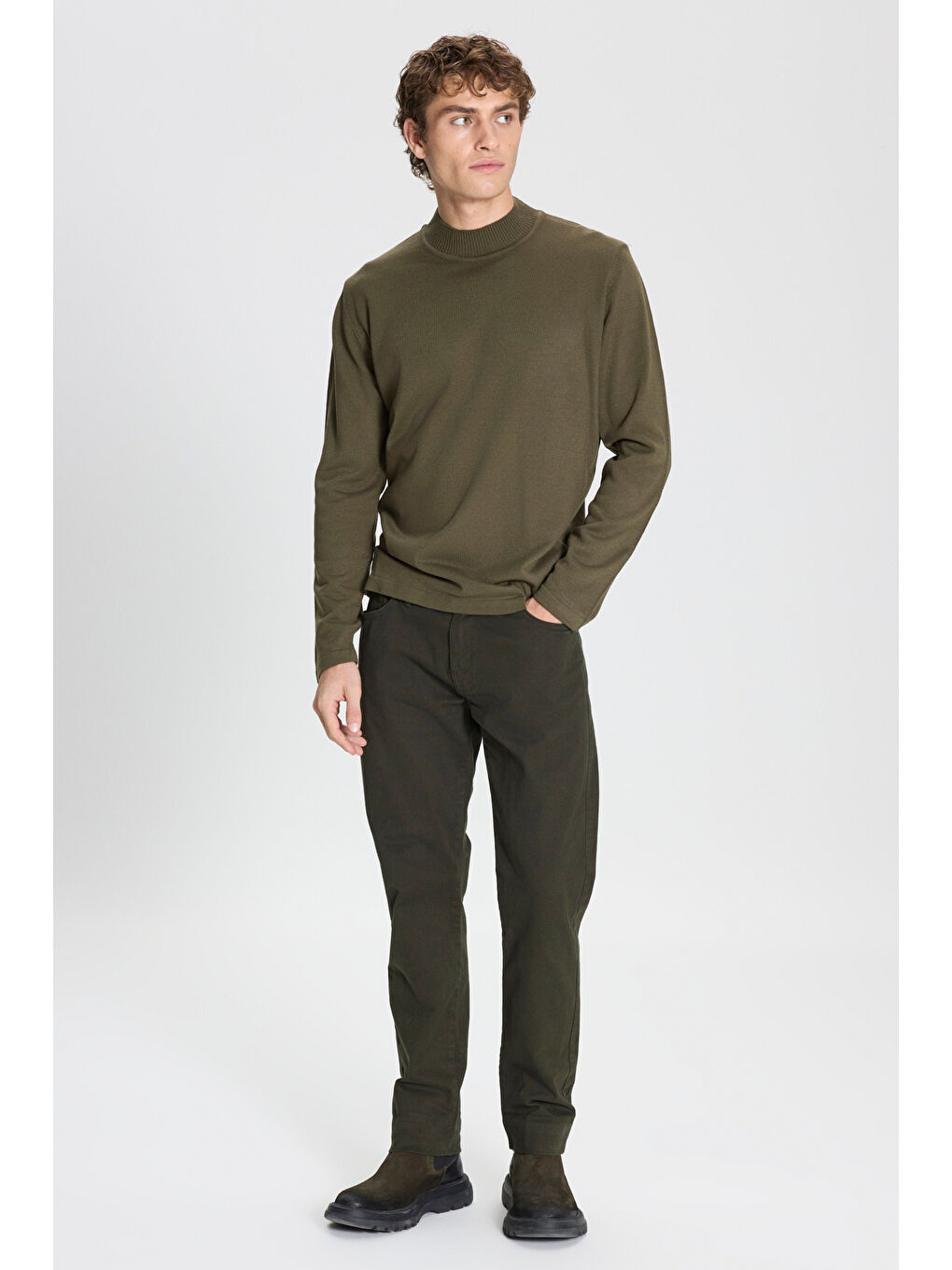 Erkek Haki Tüylenme Yapmayan Anti-Pilling Standart Fit Yarım Balıkçı Yaka Triko Kazak-3