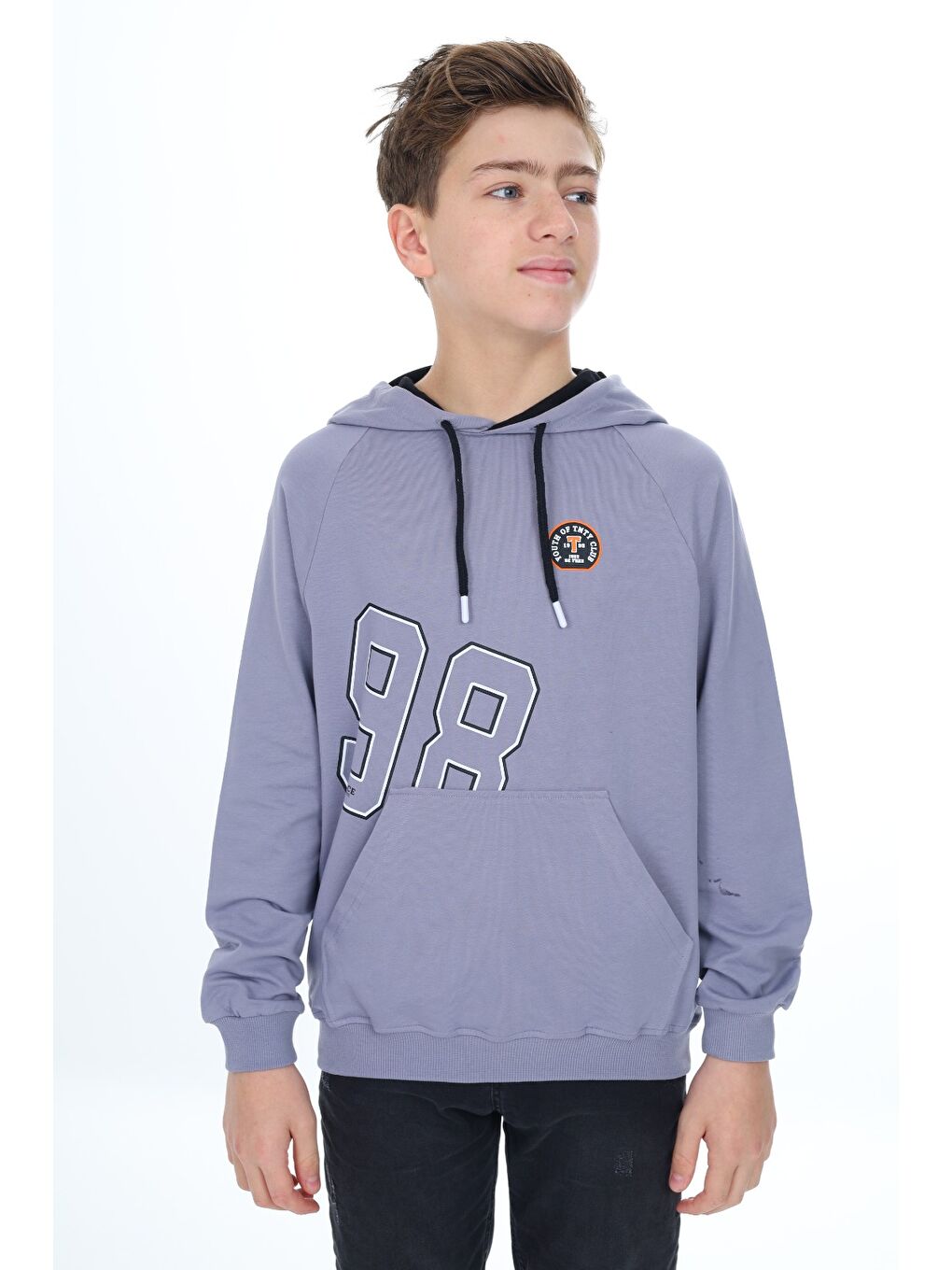 Gri Erkek Çocuk Relax Fit Kapüşonlu Cepli Hafif Düşük Omuz Baskılı Sweatshirt-1