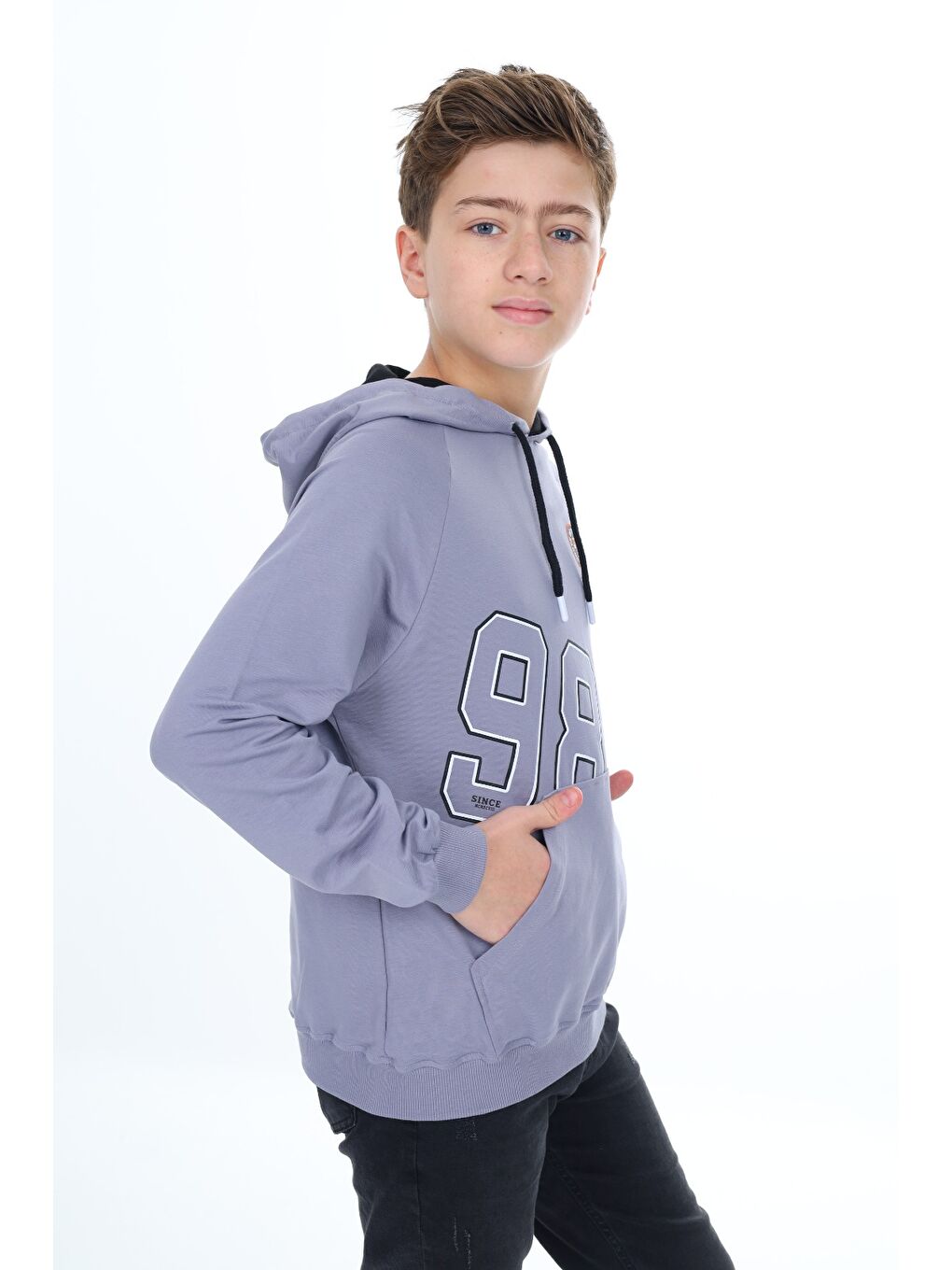 Gri Erkek Çocuk Relax Fit Kapüşonlu Cepli Hafif Düşük Omuz Baskılı Sweatshirt-2