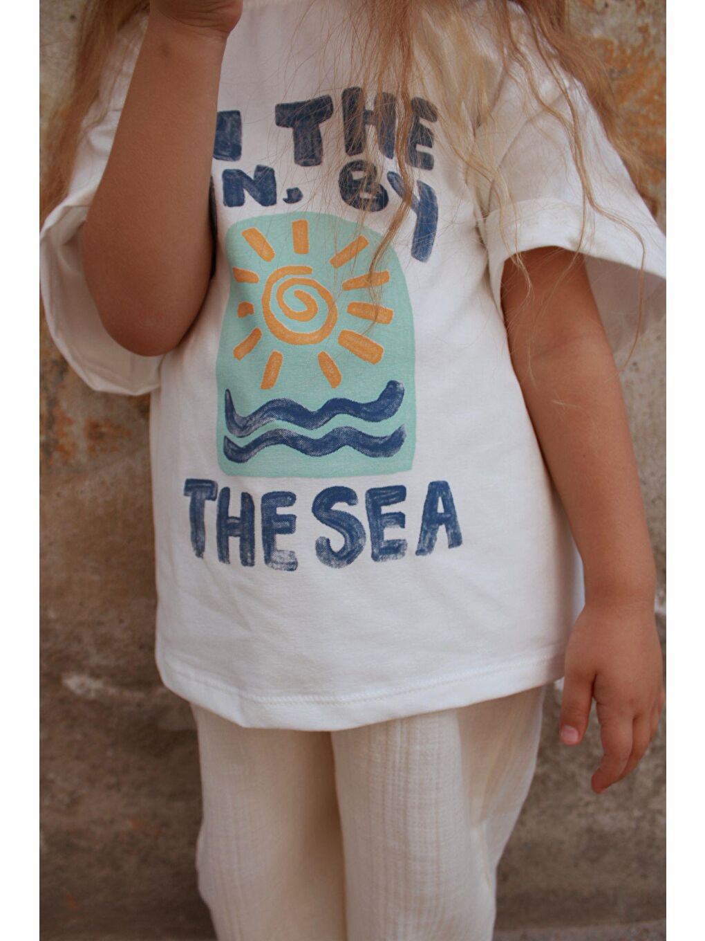 Bej Güneş Baskılı T-Shirt Müslin Pantolon Takım-1