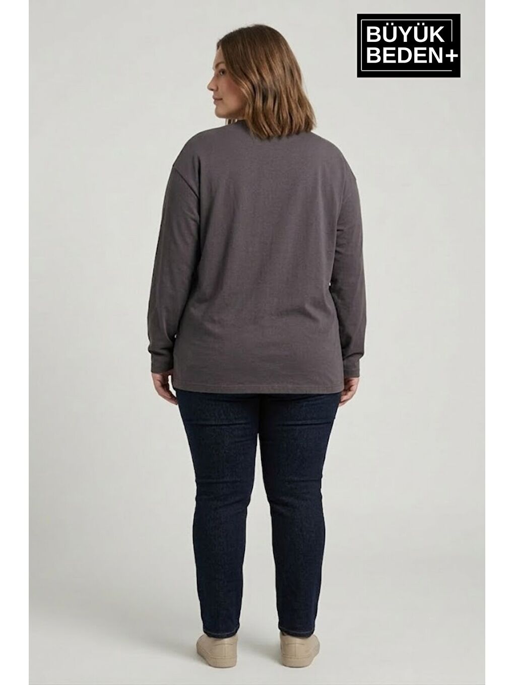 Gri Kadın Büyük Beden Orta Brooklyn Baskılı 2 İplik Bisiklet Yaka Tişört SPR26BEAK942-3-1