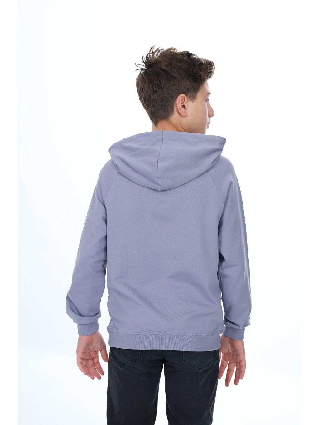 Gri Erkek Çocuk Relax Fit Kapüşonlu Cepli Hafif Düşük Omuz Baskılı Sweatshirt-4