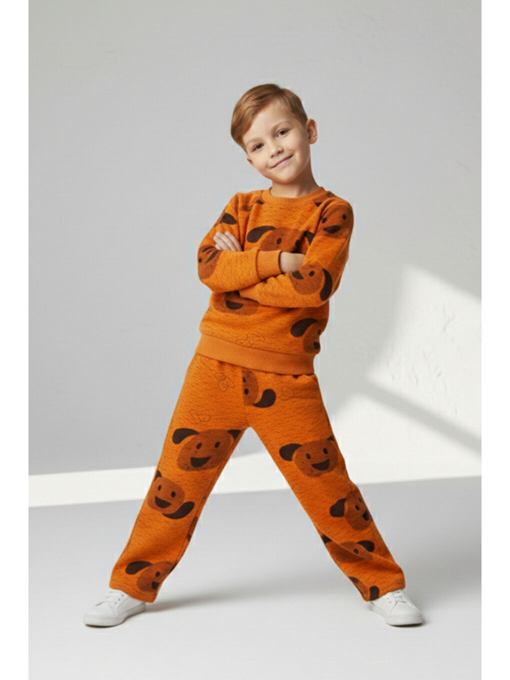 Turuncu Erkek Çocuk 3 İplik Şardonlu Rahat Kalıp Eşofman Takımı 2-8 Yaş 12377-1