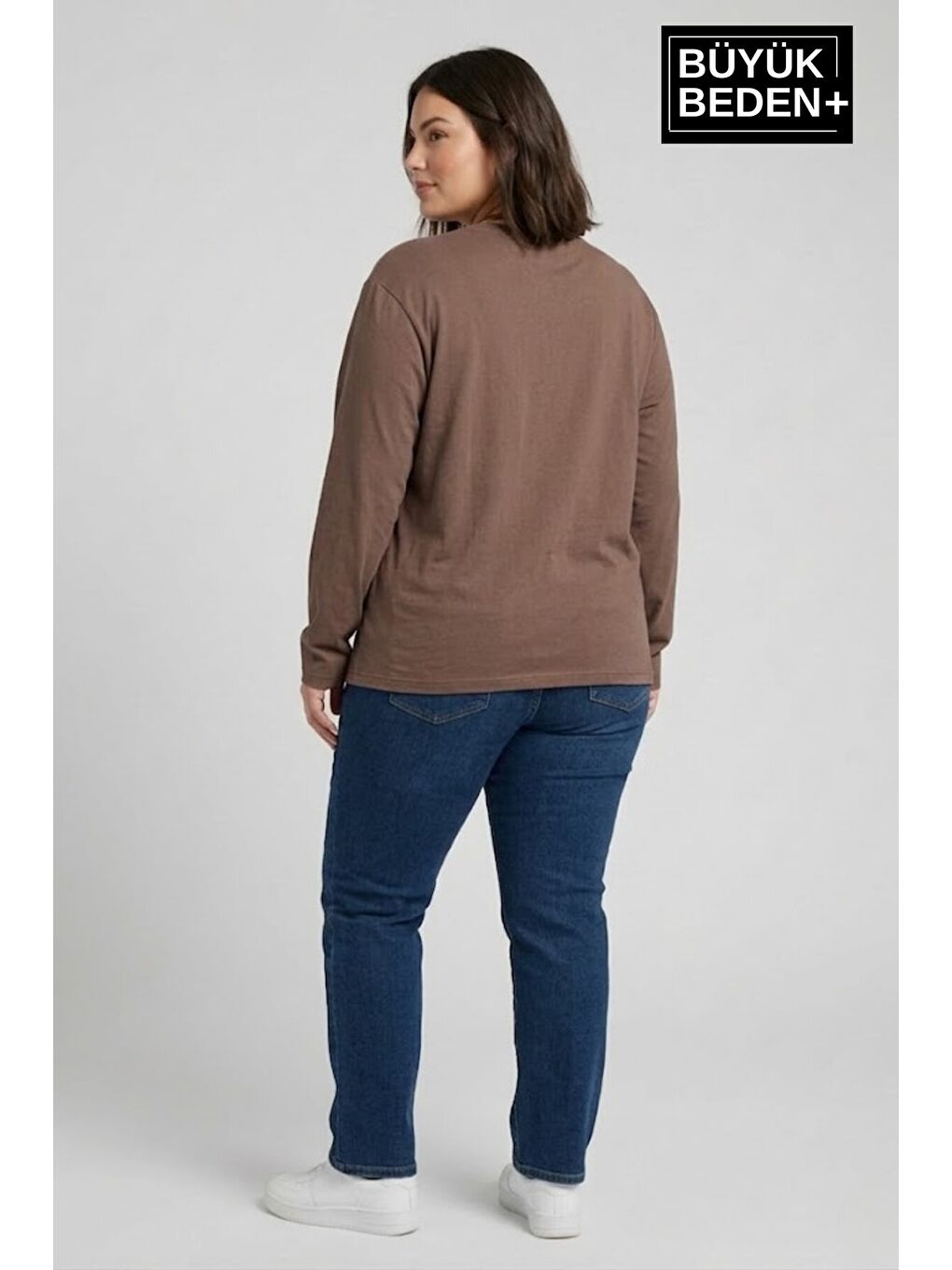 Kahverengi Kadın Büyük Beden El Yazılı Brooklyn Baskılı 2 İplik Bisiklet Yaka Tişört SPR26BTSK942-6-1