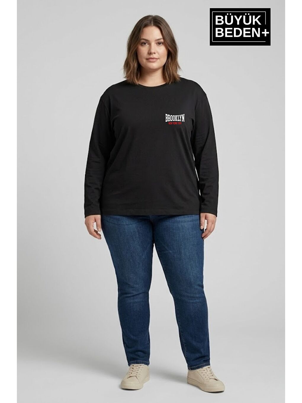 Siyah Kadın Büyük Beden Orta Brooklyn Baskılı 2 İplik Bisiklet Yaka Tişört SPR26BEAK942-3