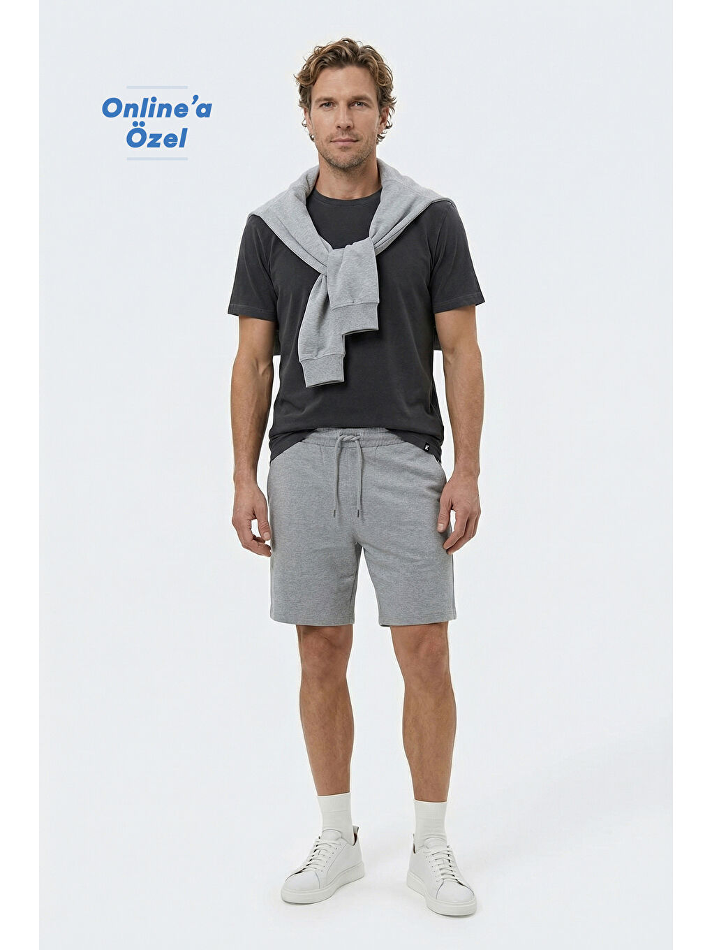 Gri Beli Lastikli İpli Cepli Penye Kumaş Pamuklu Spor Sweat Şort