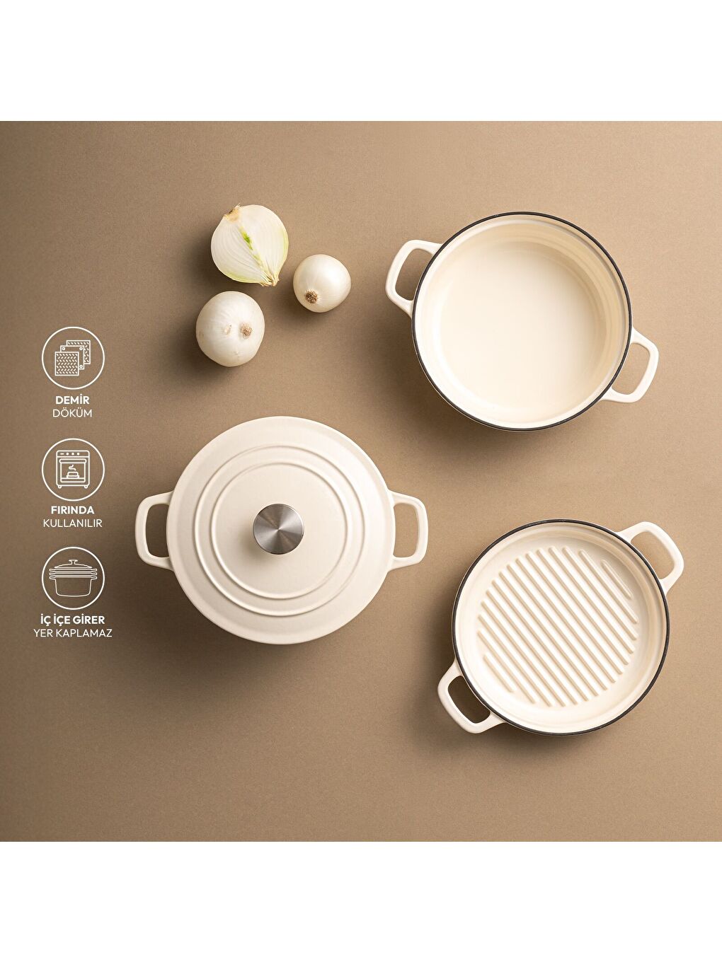 Ekru Fortino Cast Döküm Tencere Seti Krem 4 Parça 22 cm