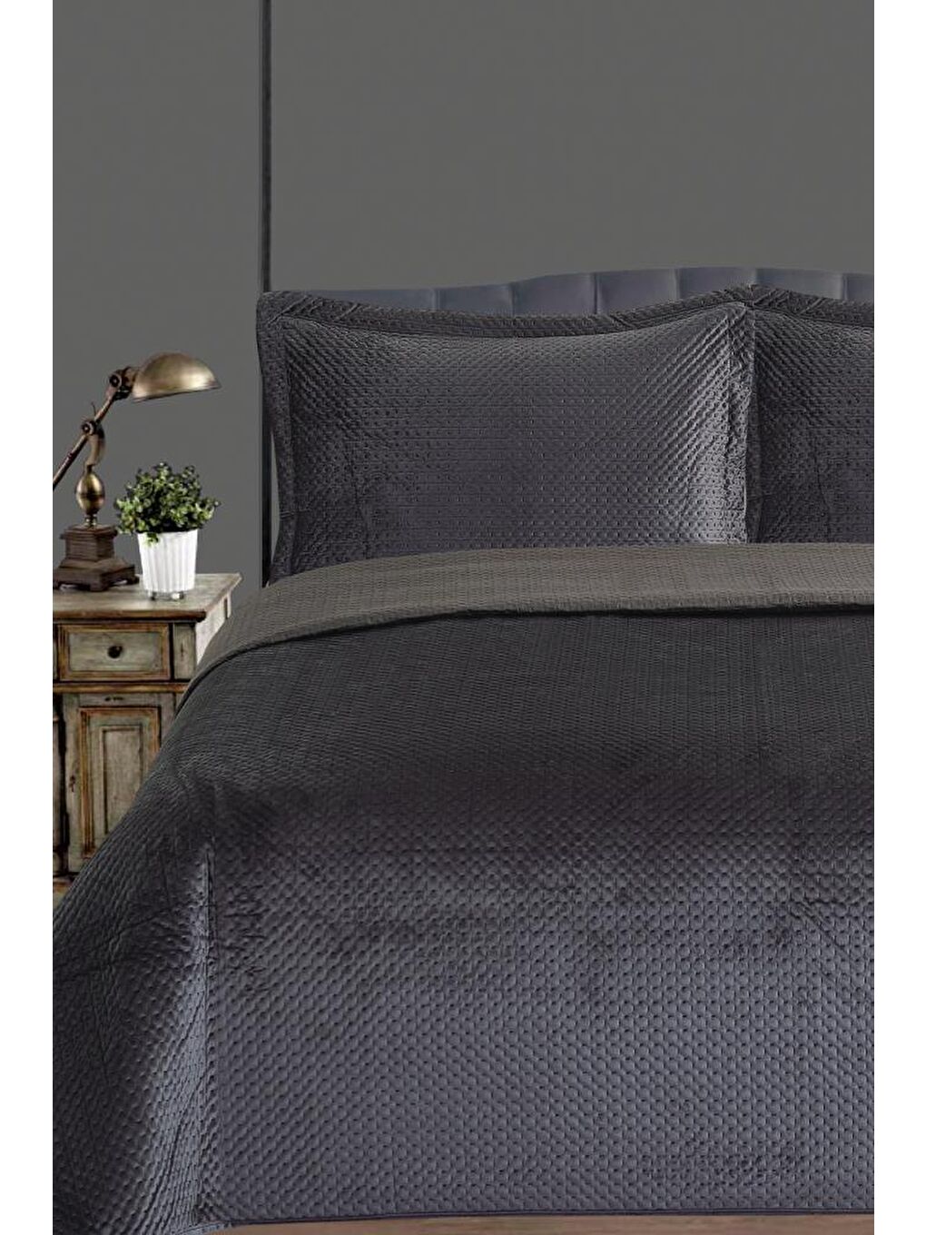 Toskana Çift Kişilik Lüks Kadife Yatak Örtüsü Antrasit