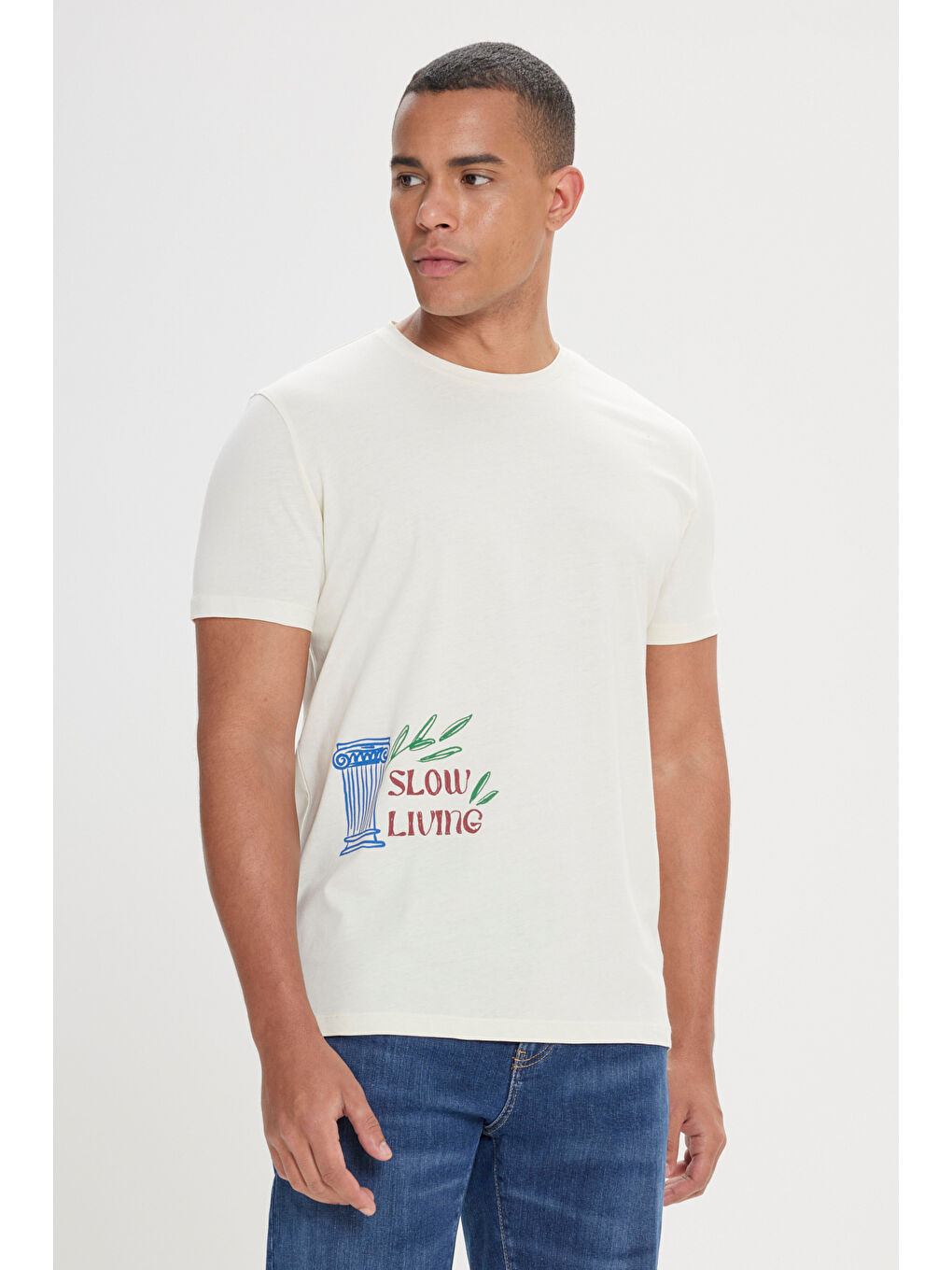 Erkek Sarı Standart Fit Normal Kesim %100 Pamuk Baskılı Bisiklet Yaka Tişört