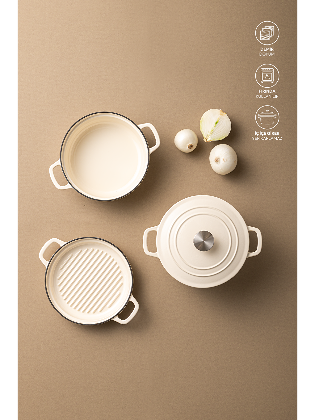 Ekru Fortino Cast Döküm Tencere Seti Krem 4 Parça 22 cm-1