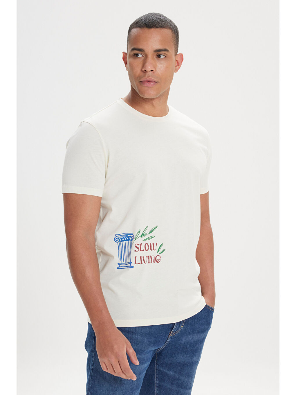 Erkek Sarı Standart Fit Normal Kesim %100 Pamuk Baskılı Bisiklet Yaka Tişört-2