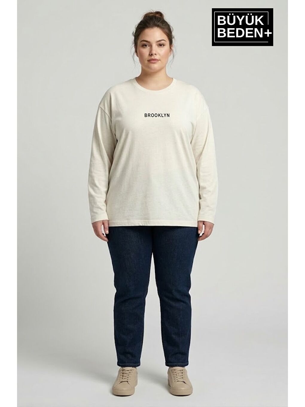 Ekru Kadın Büyük Beden Orta Brooklyn Baskılı 2 İplik Bisiklet Yaka Tişört SPR26BTSK942-8