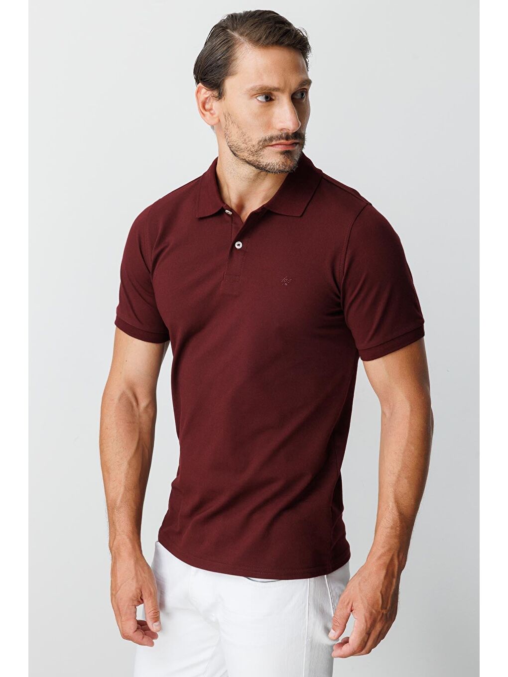 Mor Mürdüm Modern Fit Dar Kalıp Polo Yaka Düz Kısa Kollu Pamuklu Tişört-1