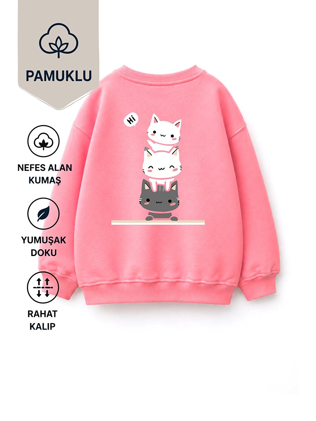 Pembe Unisex Çocuk 3 İplik Kumaş Pamuklu Sırtı Kedi Baskılı Sweatshirt-1