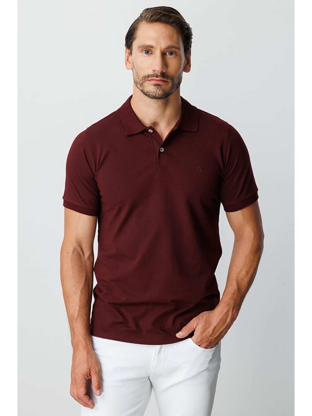 Mor Mürdüm Modern Fit Dar Kalıp Polo Yaka Düz Kısa Kollu Pamuklu Tişört-2