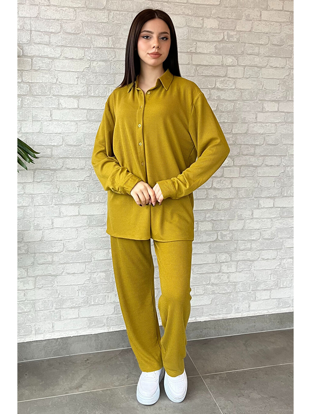 Yeşil Kadın Fitilli Gömlek Pantolon İkili Takım