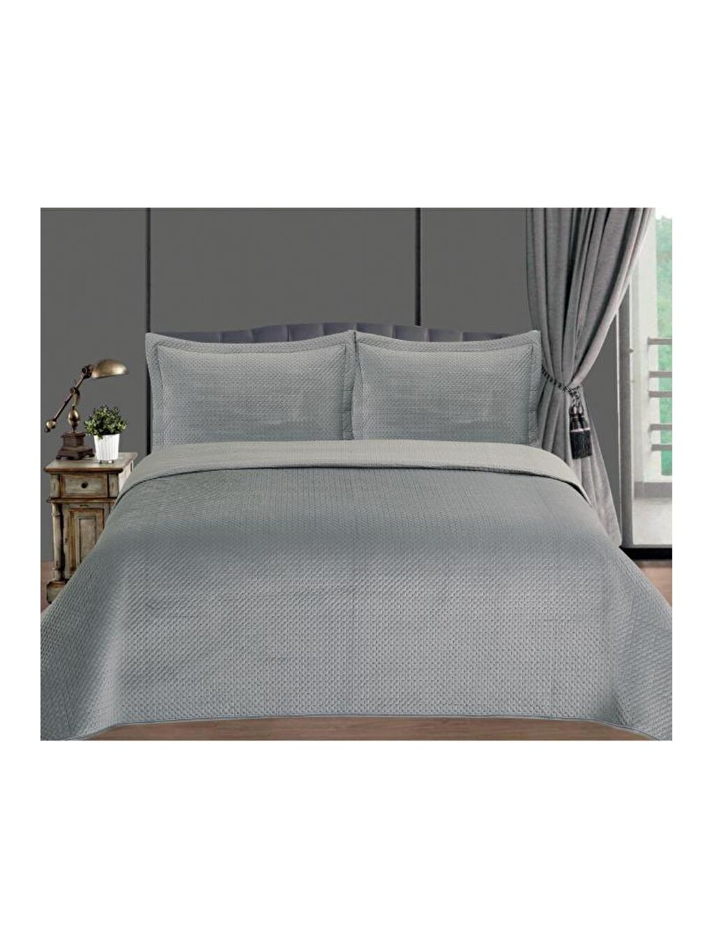 Toskana Çift Kişilik Lüks Kadife Yatak Örtüsü Gri-1