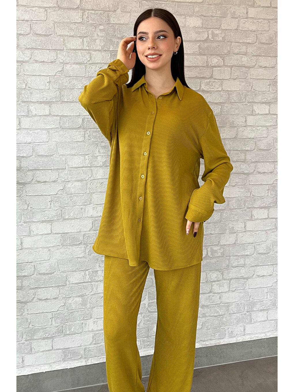 Yeşil Kadın Fitilli Gömlek Pantolon İkili Takım-1