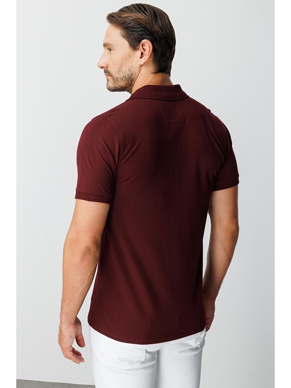 Mor Mürdüm Modern Fit Dar Kalıp Polo Yaka Düz Kısa Kollu Pamuklu Tişört-5