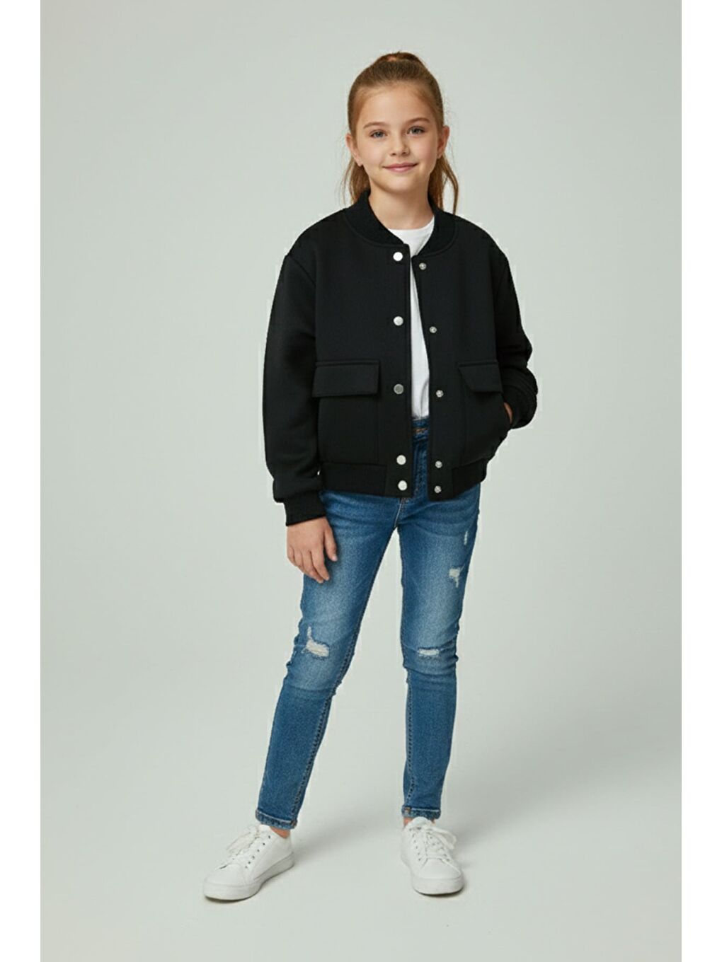 Siyah Çift Cepli Çıtçıtlı Dik Yaka Kız Çocuk Ceket