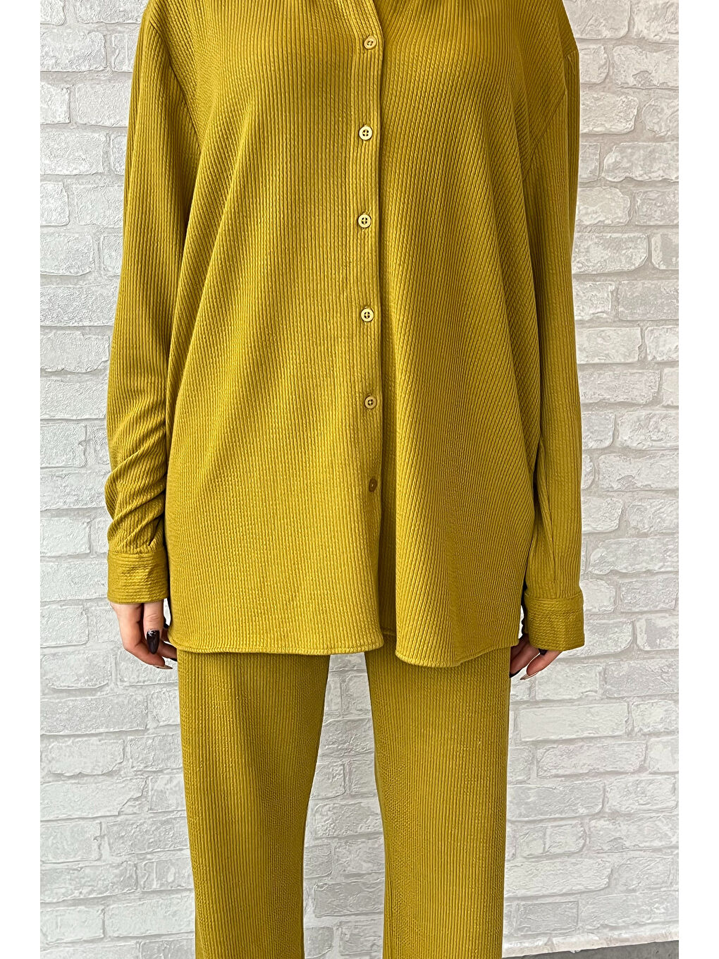 Yeşil Kadın Fitilli Gömlek Pantolon İkili Takım-2