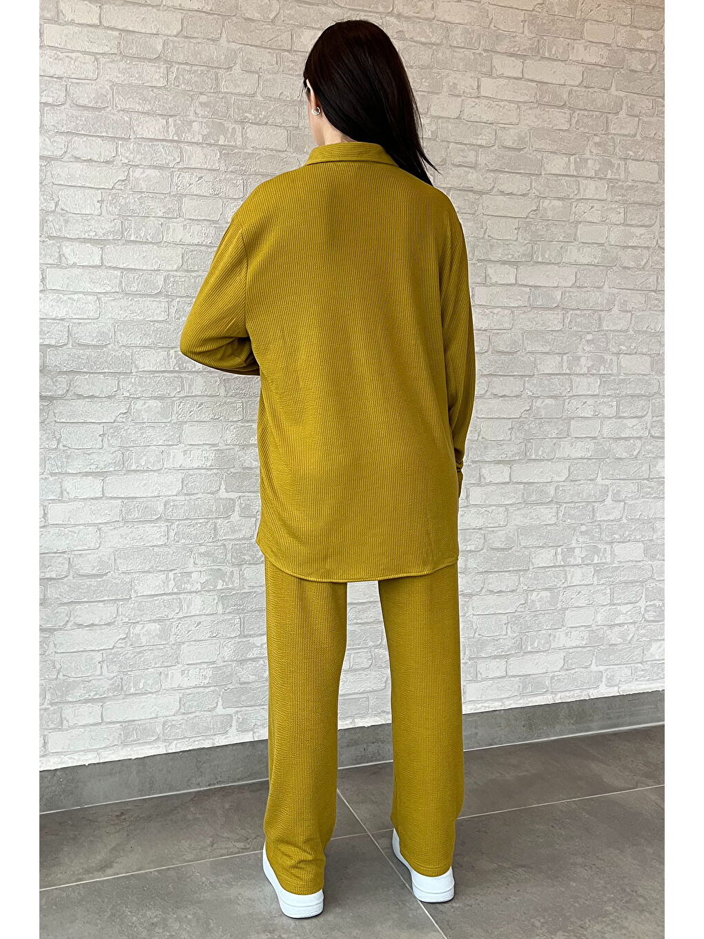 Yeşil Kadın Fitilli Gömlek Pantolon İkili Takım-3