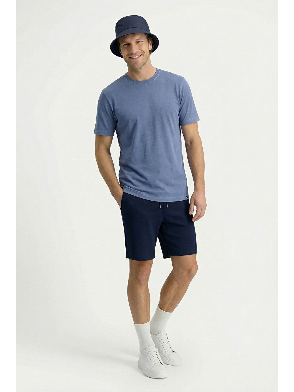 Lacivert Beli Lastikli İpli Cepli Penye Kumaş Pamuklu Spor Sweat Şort-1