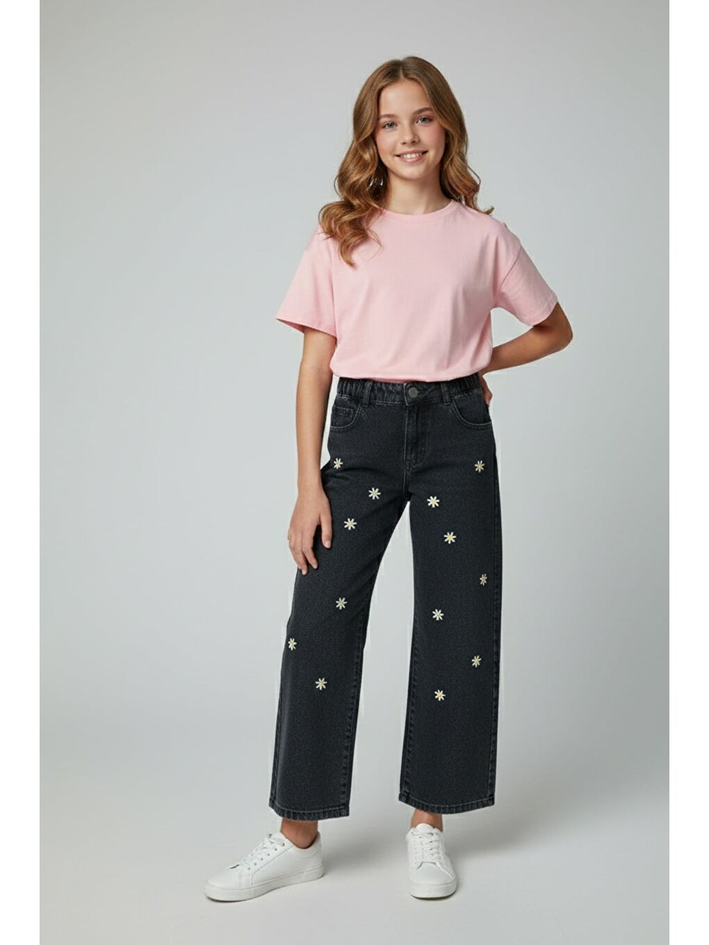 Mavi Beli Ayarlanabilir Kelebek Nakışlı Taşlı Kız Çocuk Palazzo Pantolon