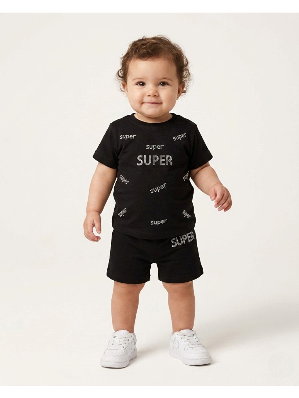 Siyah Kız Çocuk Yazlık Süper Baskılı Şortlu, T-shirtlü 2-3-4-5 Yaş Bebek Takımı-1