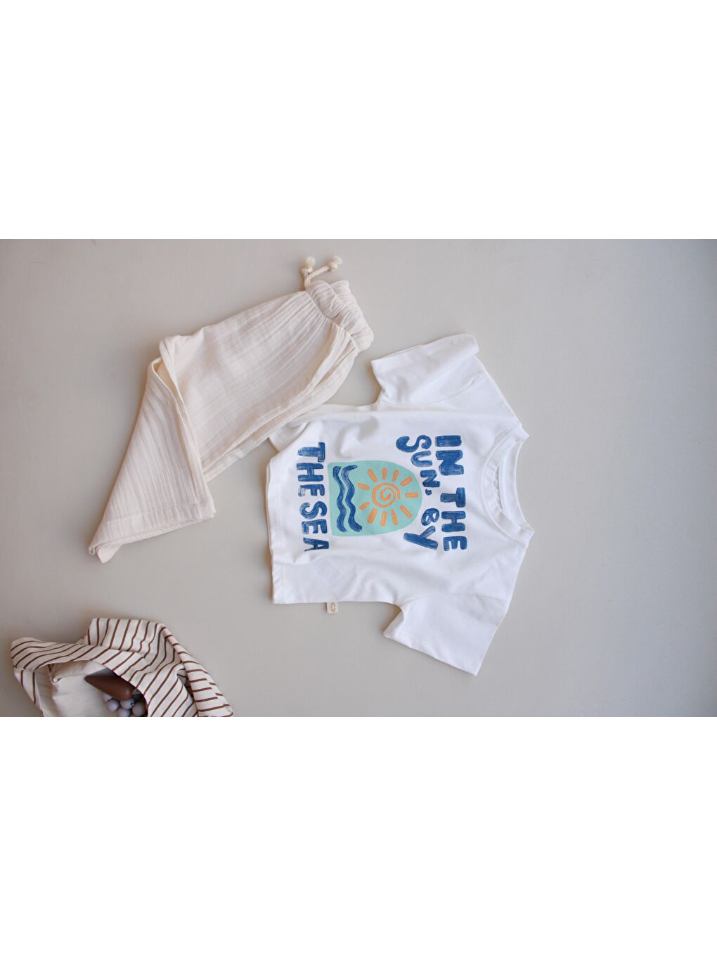 Bej Güneş Baskılı T-Shirt Müslin Pantolon Takım-8