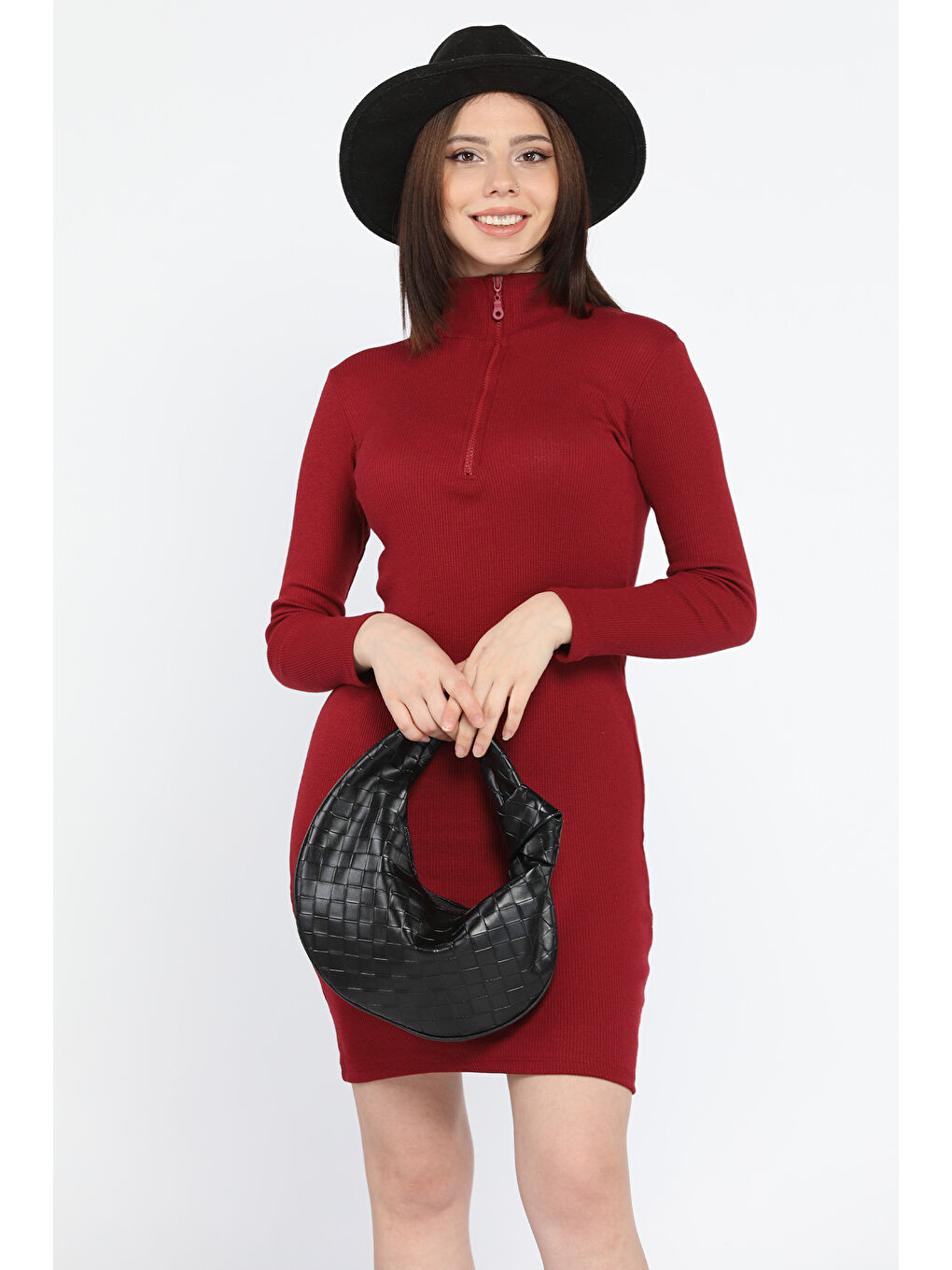 Bordo Yarım Fermuarlı Elastanlı Kadın Elbise-1