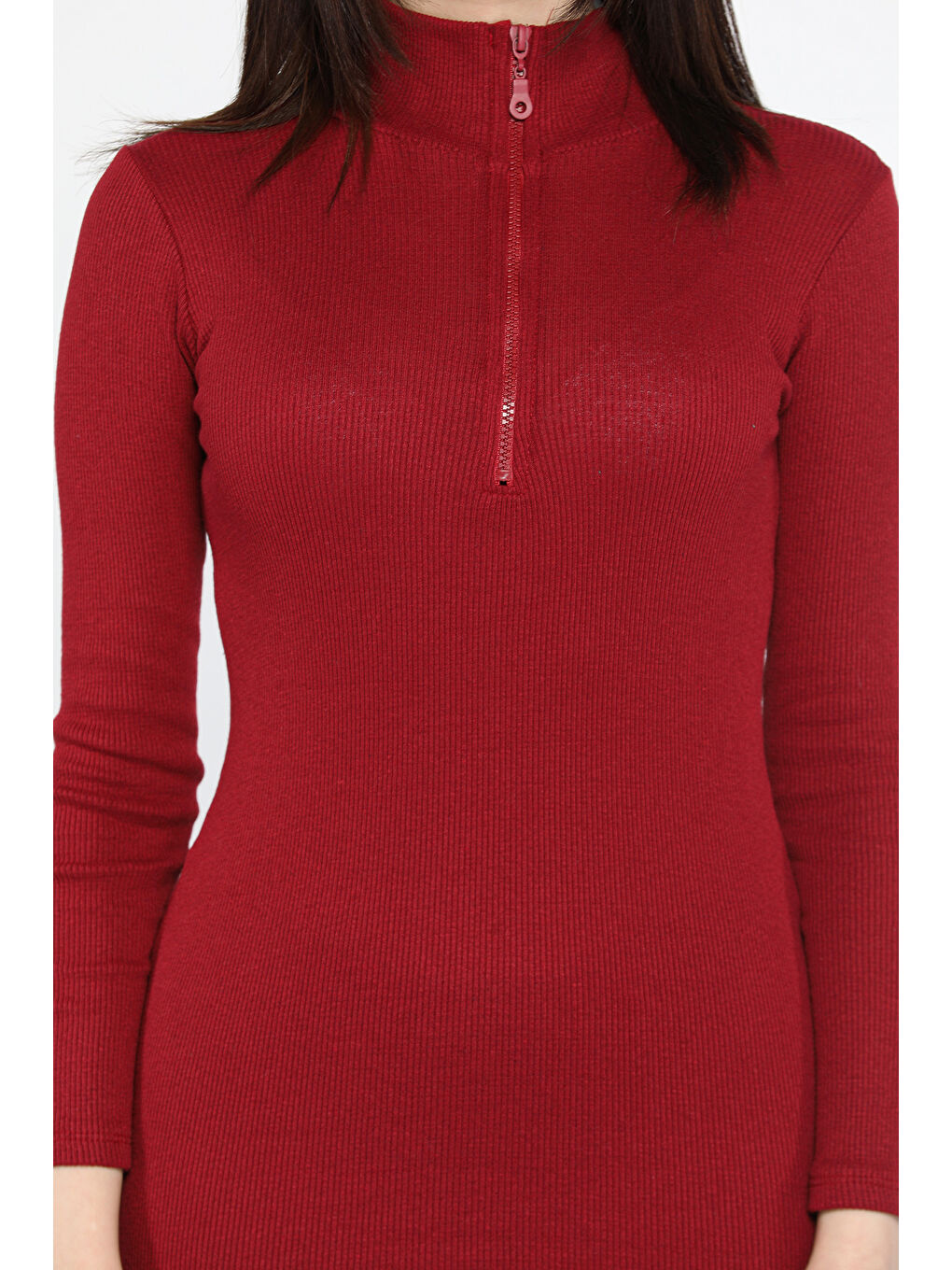 Bordo Yarım Fermuarlı Elastanlı Kadın Elbise-3