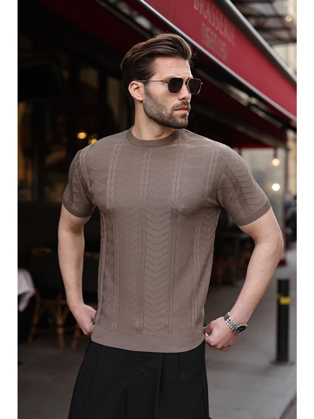 Açık Kahverengi Bisiklet Yaka Slim Fit Triko Erkek Tişört E7466-1