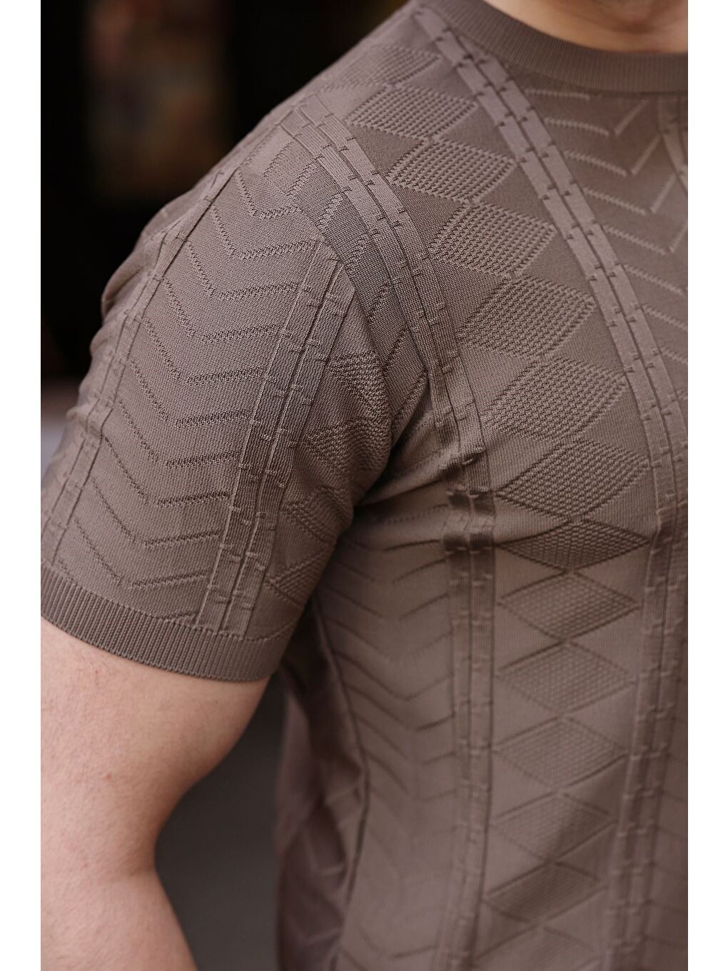 Açık Kahverengi Bisiklet Yaka Slim Fit Triko Erkek Tişört E7466-2