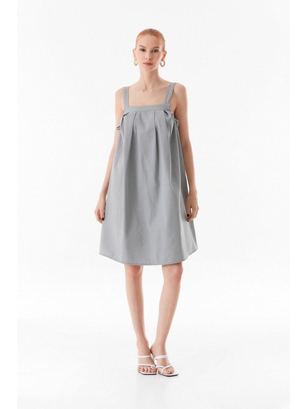 Gri Yanı Bağlamalı Gabardin Elbise