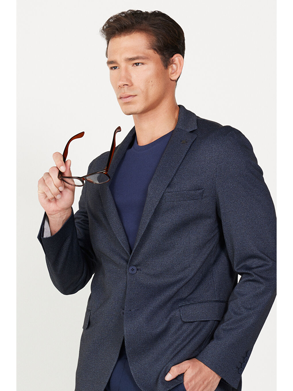 Erkek Lacivert Slim Fit Dar Kesim Mono Yaka Baskılı Ceket-2