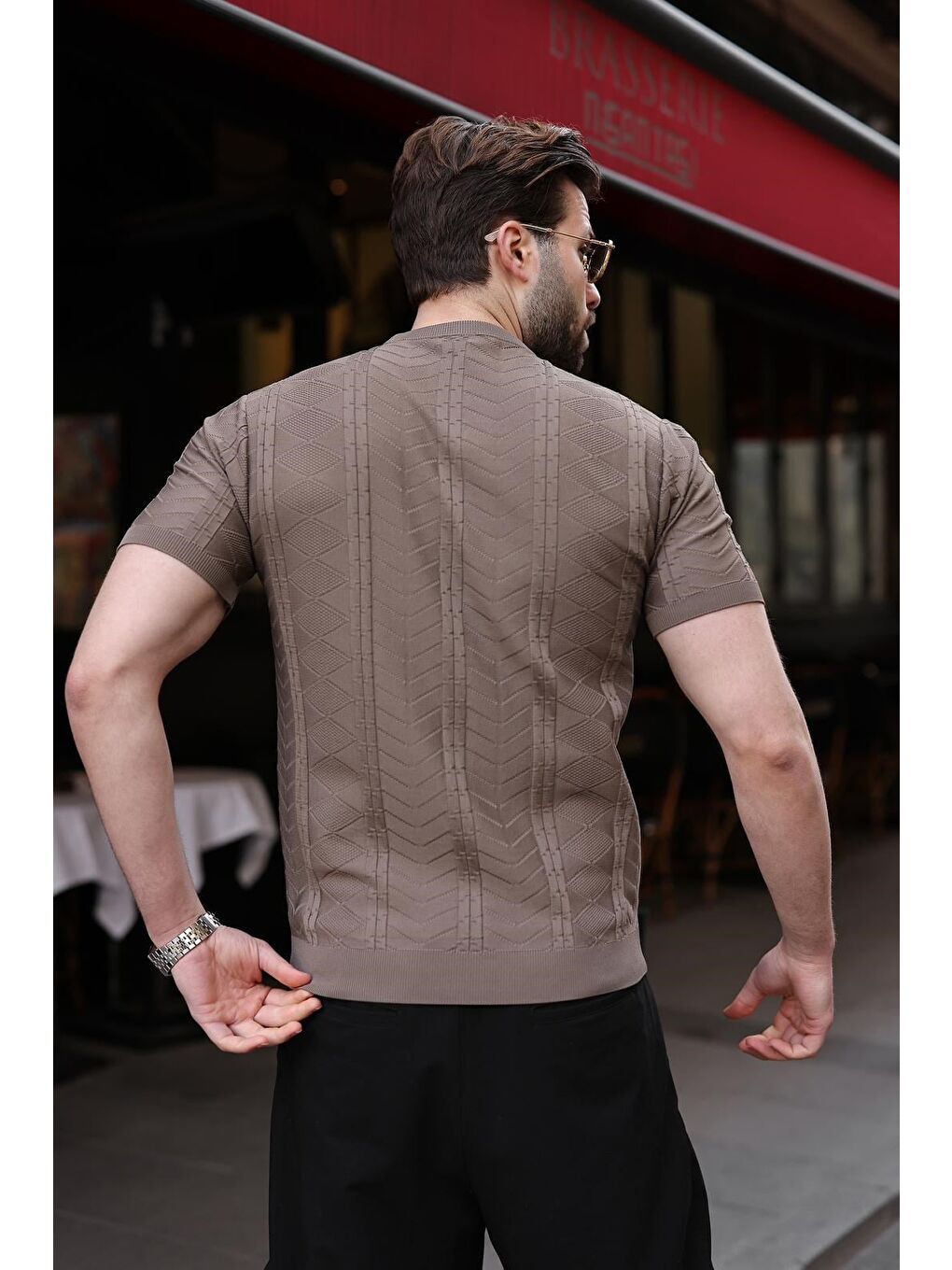 Açık Kahverengi Bisiklet Yaka Slim Fit Triko Erkek Tişört E7466-3