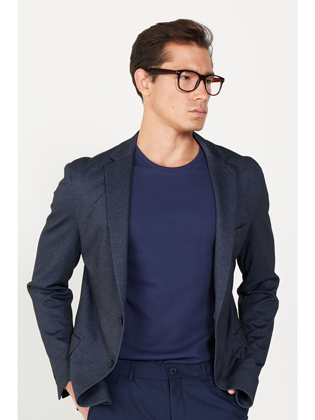 Erkek Lacivert Slim Fit Dar Kesim Mono Yaka Baskılı Ceket-3