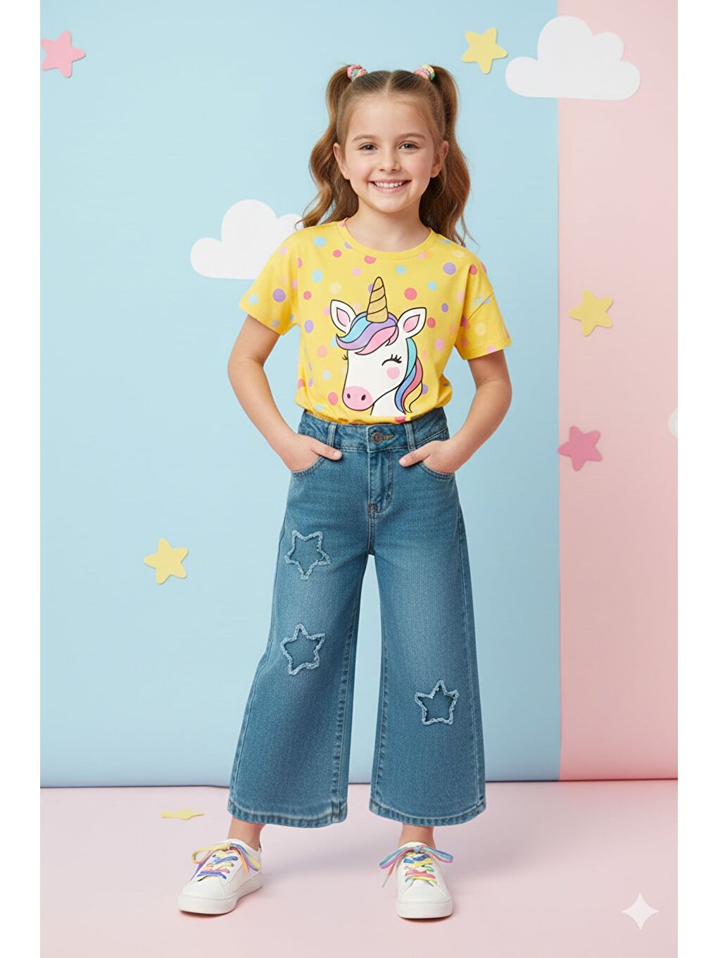 Siyah Yıldız Nakışlı Palazzo Kız Çocuk Pantolon