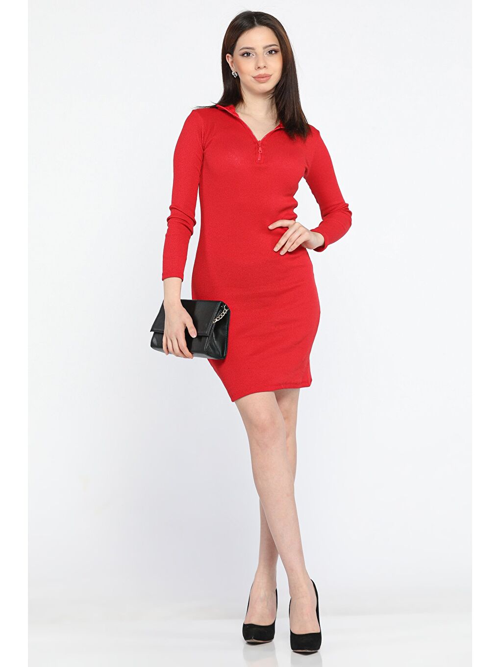 Kırmızı Yarım Fermuarlı Elastanlı Kadın Elbise