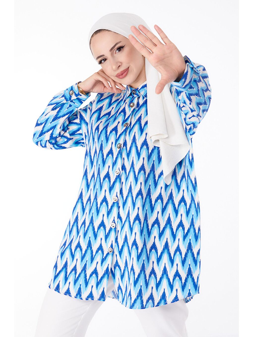 Gömlek Yaka Kadın Mavi Desenli Gömlek - 25616