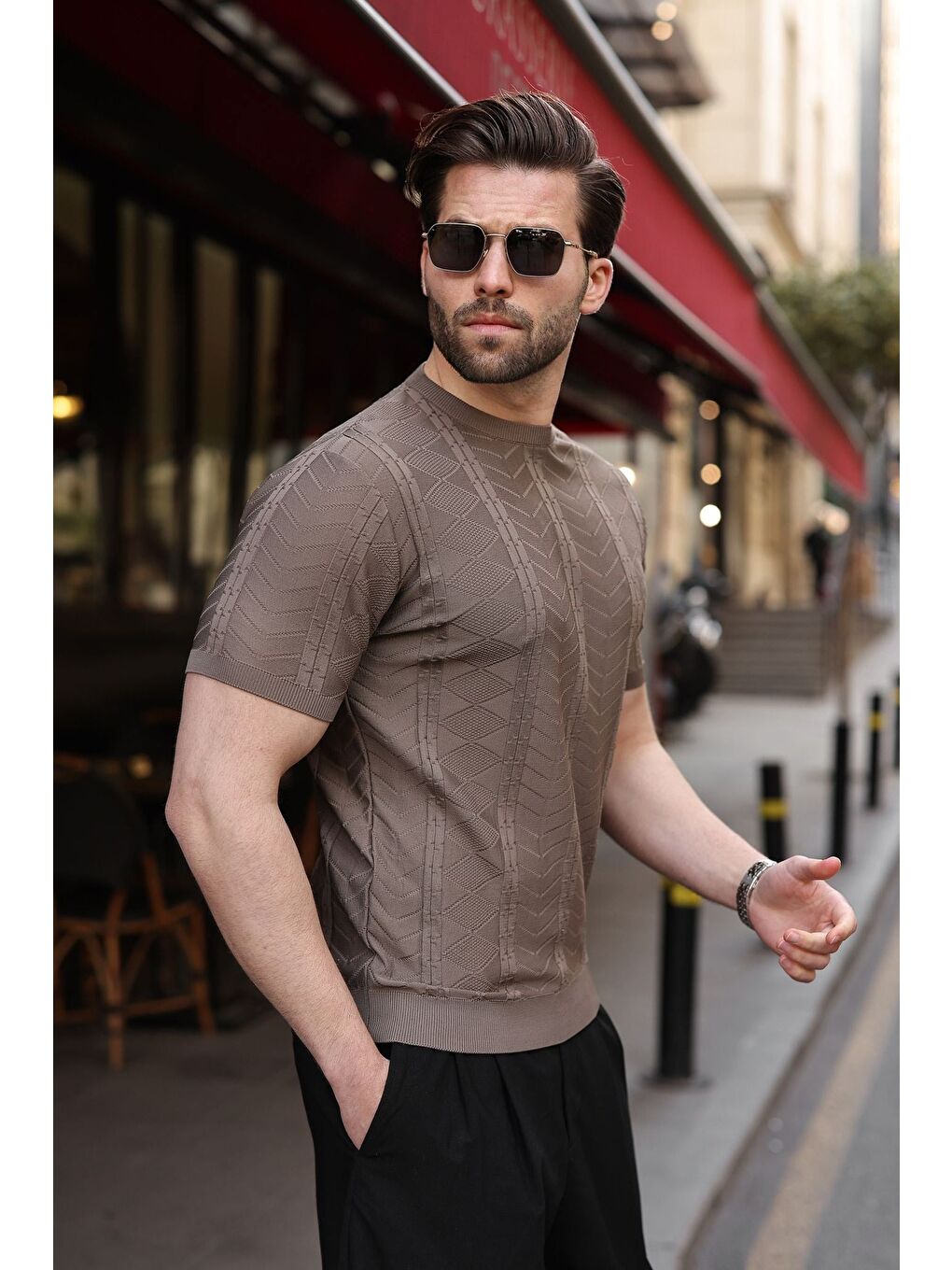 Açık Kahverengi Bisiklet Yaka Slim Fit Triko Erkek Tişört E7466-4